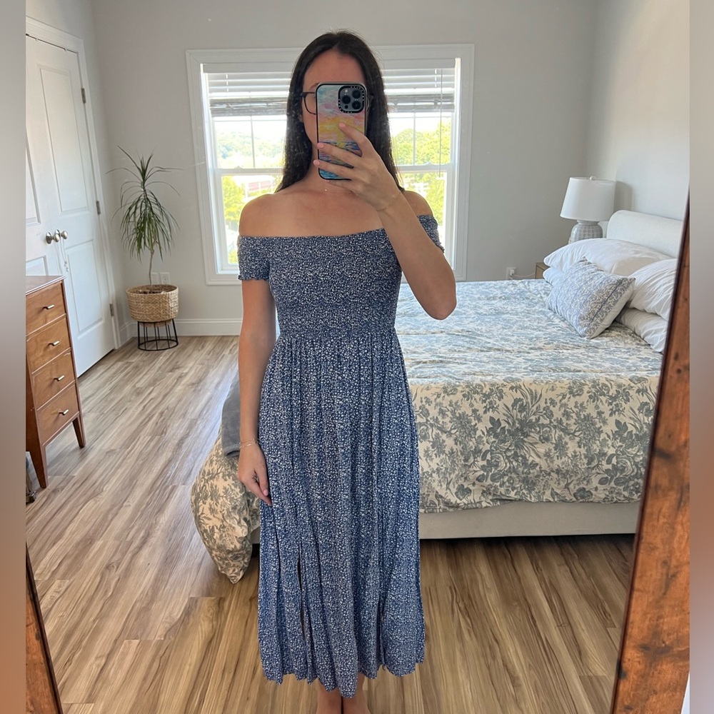 Amazon Blue Printed Off-the-Shoulder Midi Dress